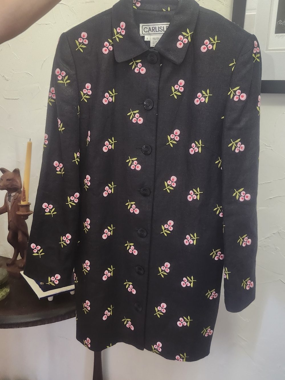 Vintage Carlisle Embroidered Cherry Blossom Linen Jacket Midi Coat Black Pink 8